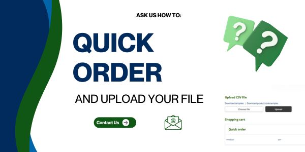 Advertisment with blue and green colors with text Quick order upload