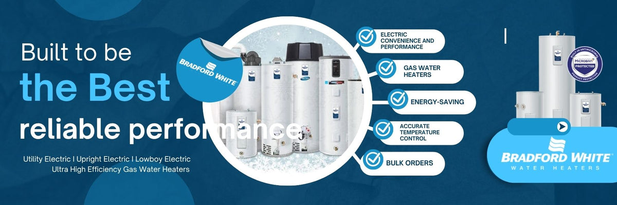 Bradford White gas water heaters with features listed on a blue background