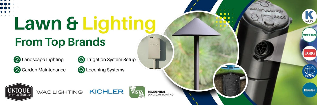 Advertisement for lawn and lighting services with brand logos on a colorful background.