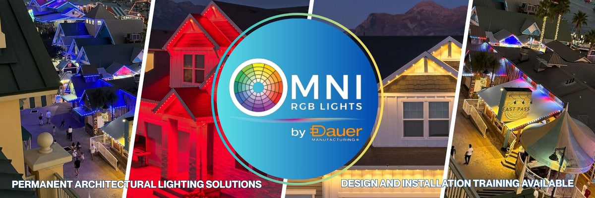 Collage of houses illuminated with RGB lights, featuring MNI RGB Lights by Dauer logo.