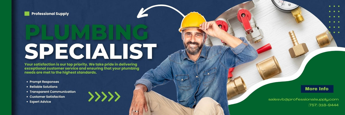 Advertisement for a plumbing specialist with a plumber and tools on a blue background