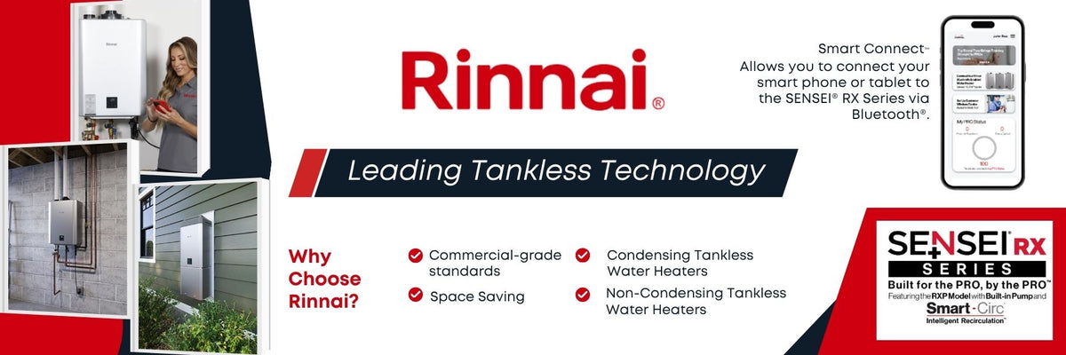 Rinnai advertisement highlighting tankless technology with a woman using a smartphone.