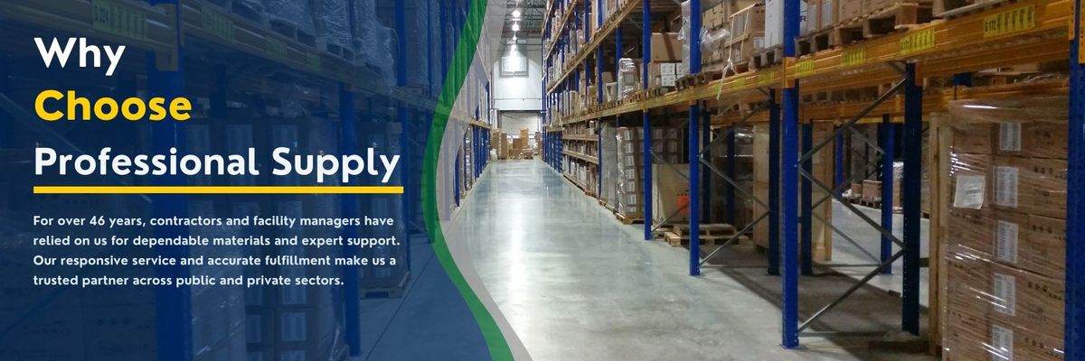 Warehouse interior with shelves and boxes, featuring text about professional supply services.